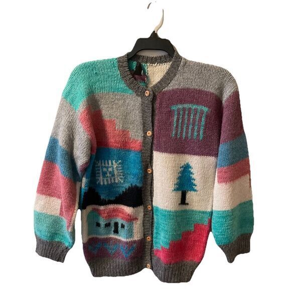 Sweaters - Vintage‎ Cardigan Sweater Peru Alpaca Wool Chunky Handmade Grandma Cottage Sz L